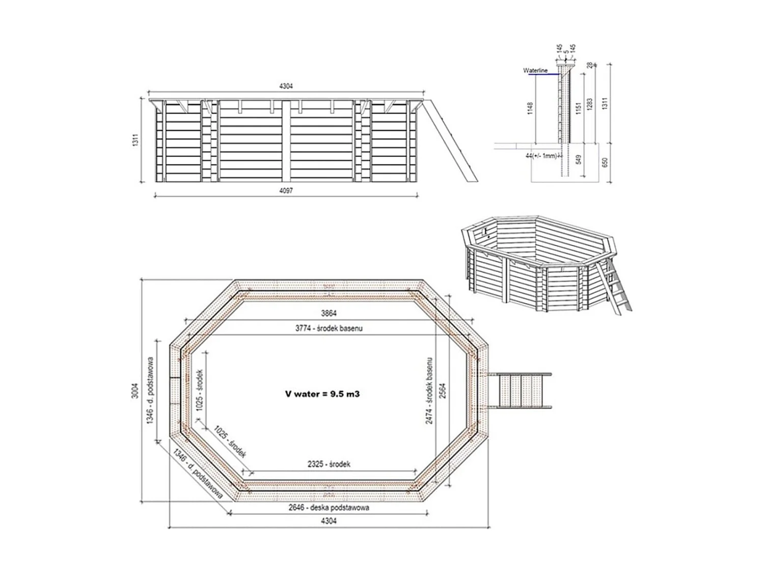 Piscine en bois NEMO 4.3 x 3 - H.1.31 m, bleu pâle, fixations à sceller - BAS7303OSPI - ALTANKA