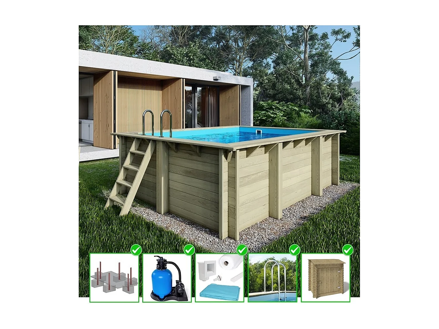 Piscine en bois Aqua 4.65x2.85 - H.1.24 m fixations à sceller - BAS7306OSPI+SZA - ALTANKA