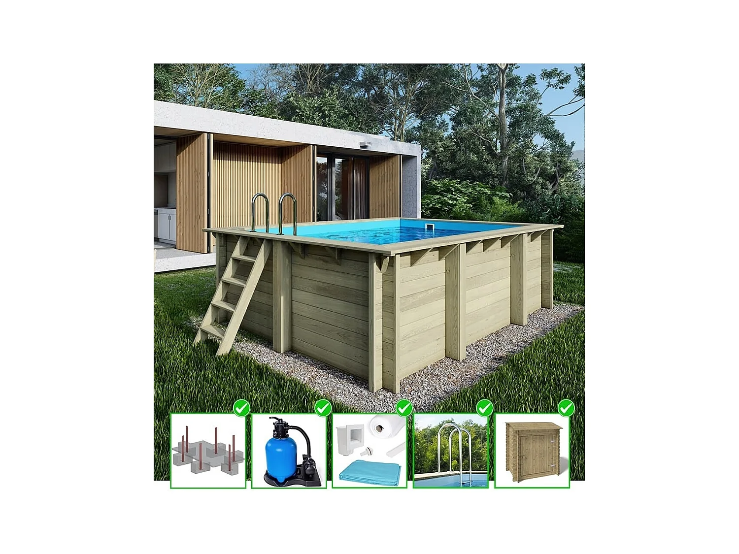 Piscine en bois Aqua 4,65x2,85 - H.1,24 m fixations à sceller - BAS7306OSPI+SZA - ALTANKA