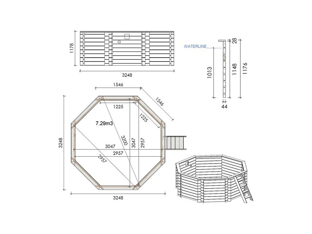 Piscine en bois Coral 3.25x3.25 - H.1.18 m autoportante - BAS7301OSP - ALTANKA