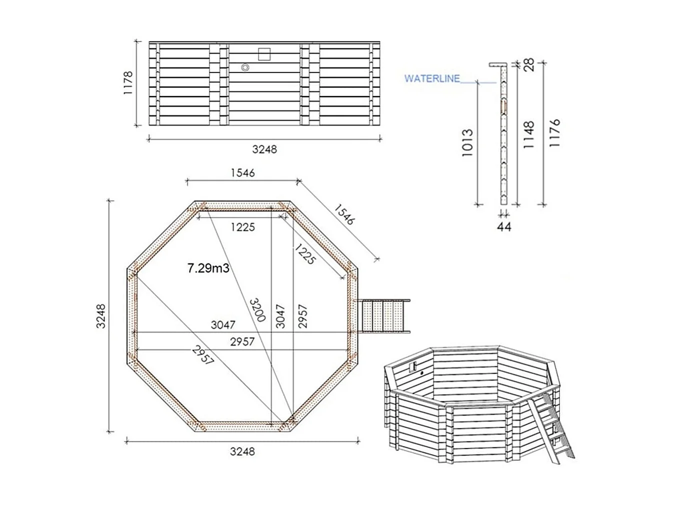 Piscine en bois Coral 3.25x3.25 - H.1.18 m autoportante - BAS7301OSP - ALTANKA