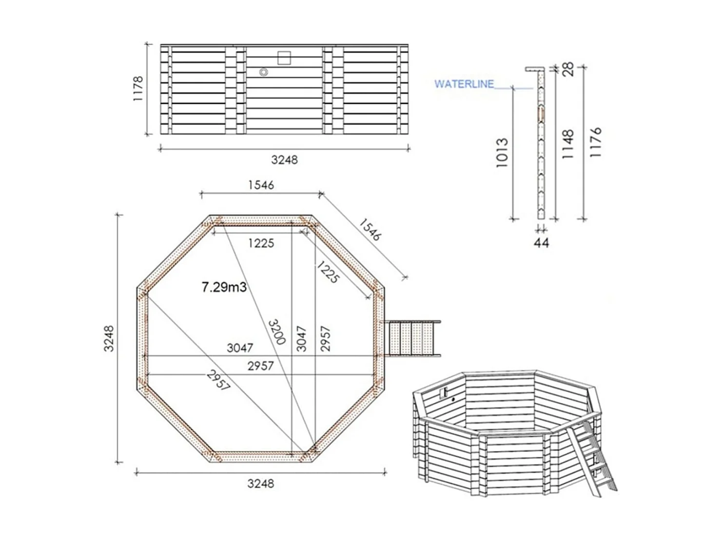 Piscine en bois CORAL 3.25 x 3.25 - H.1.18 m, bleu pâle, autoportante - sans dalle - BAS7301OSP - ALTANKA