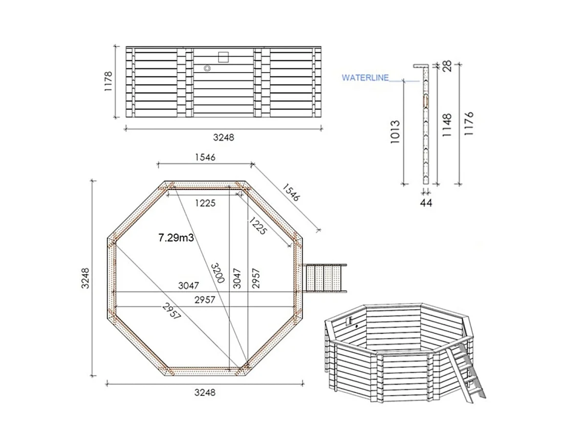 Piscine en bois CORAL 3.25 x 3.25 - H.1.18 m, bleu pâle, autoportante - sans dalle - BAS7301OSP - ALTANKA