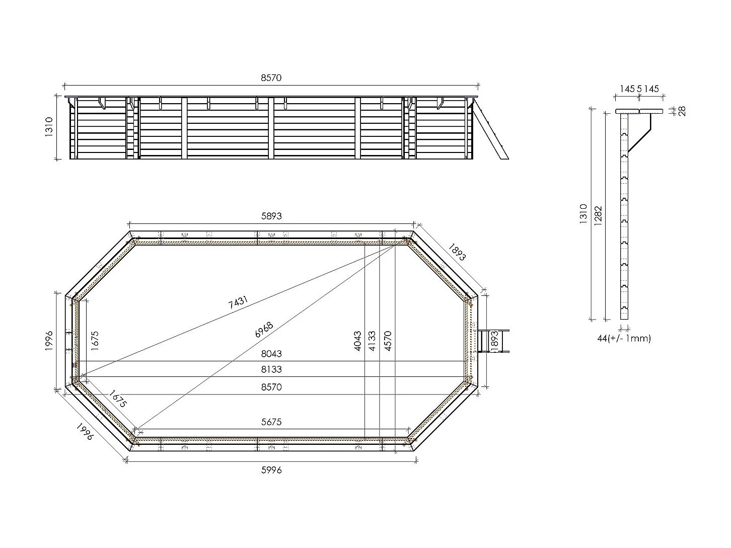 Piscine en bois 8.57x4.57 - H.1.31 m fixations à sceller - BAS746OSPI - ALTANKA