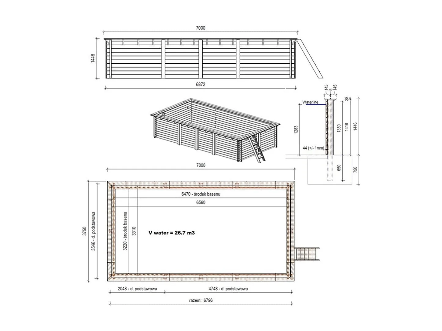 Piscine en bois Aqua 7x3.75 - H.1.45 m fixations à sceller - BAS7308OSPI+SZA - ALTANKA