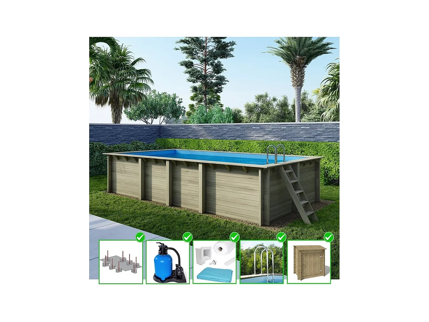 Piscine en bois Aqua 7x3.75 - H.1.45 m fixations à sceller - BAS7308OSPI+SZA - ALTANKA