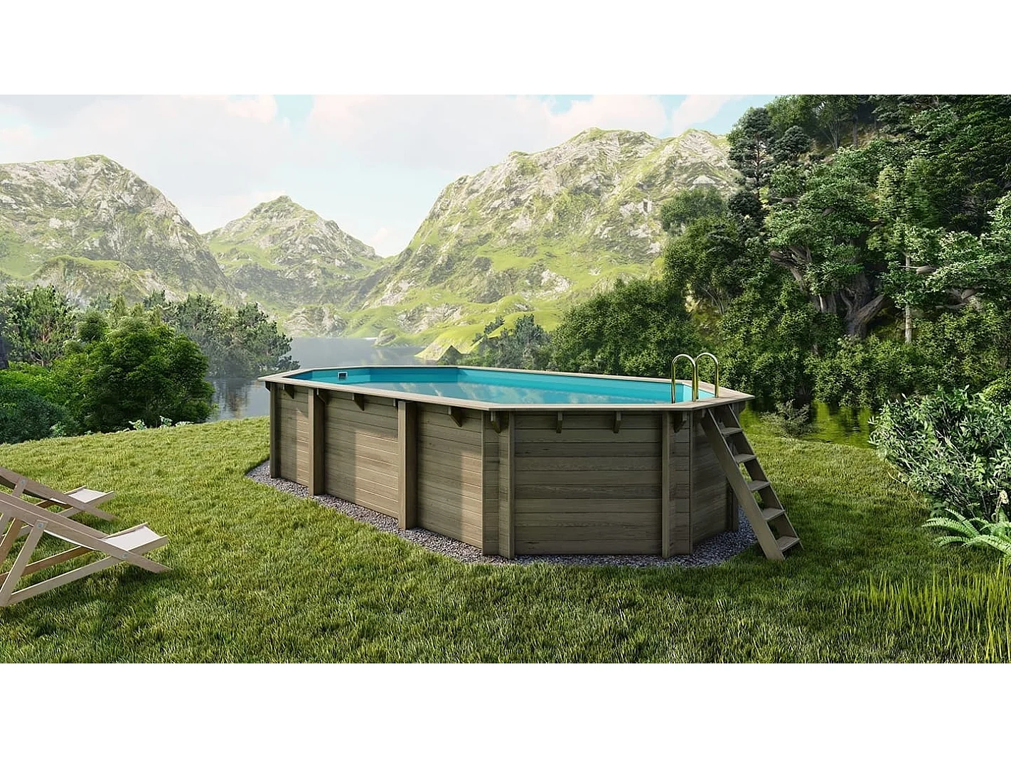 Piscine en bois 7,57x4,07 - H.1,45 m - avec filtration et coffre - BAS751OSPI+SZA - ALTANKA