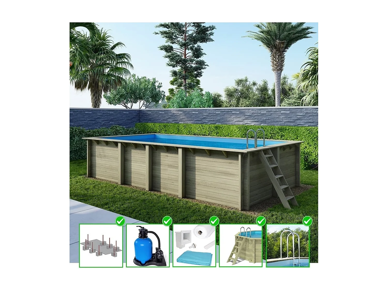 Piscine en bois Aqua 7x3.75 - H.1.45 m fixations à sceller - BAS7308OSPI - ALTANKA