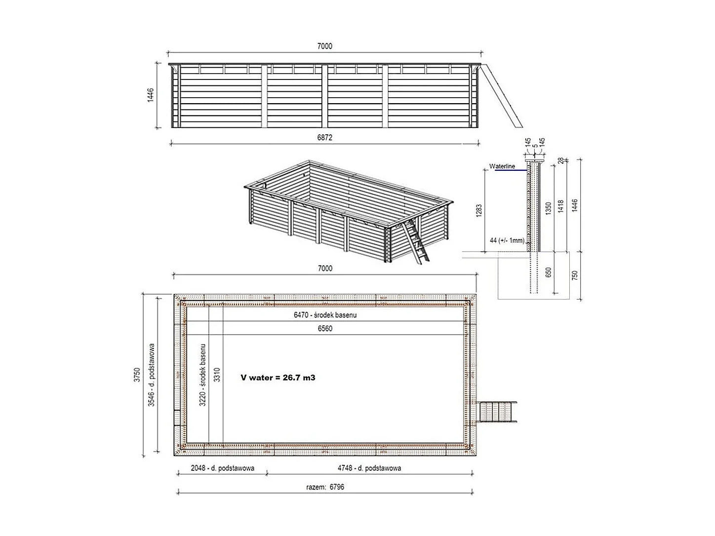 Piscine en bois Aqua 7x3.75 - H.1.45 m fixations à sceller - BAS7308OSPI - ALTANKA