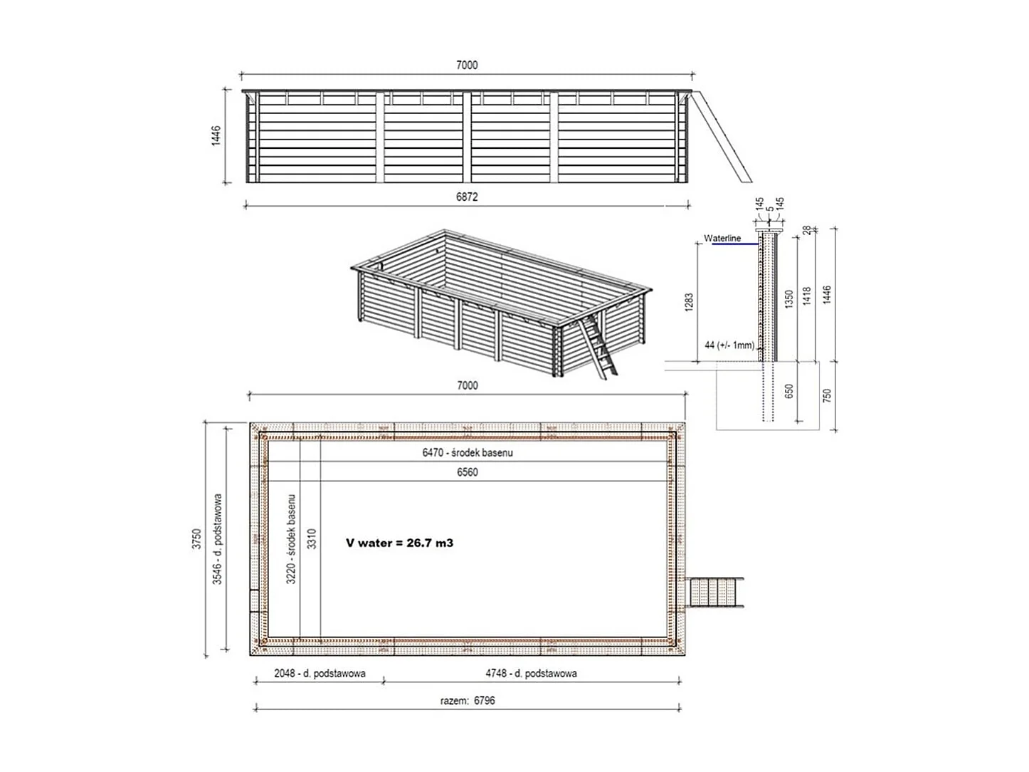 Piscina in legno Aqua 7x3.75 - H.1.45 m con profilo da cementare - BAS7308OSPI - ALTANKA