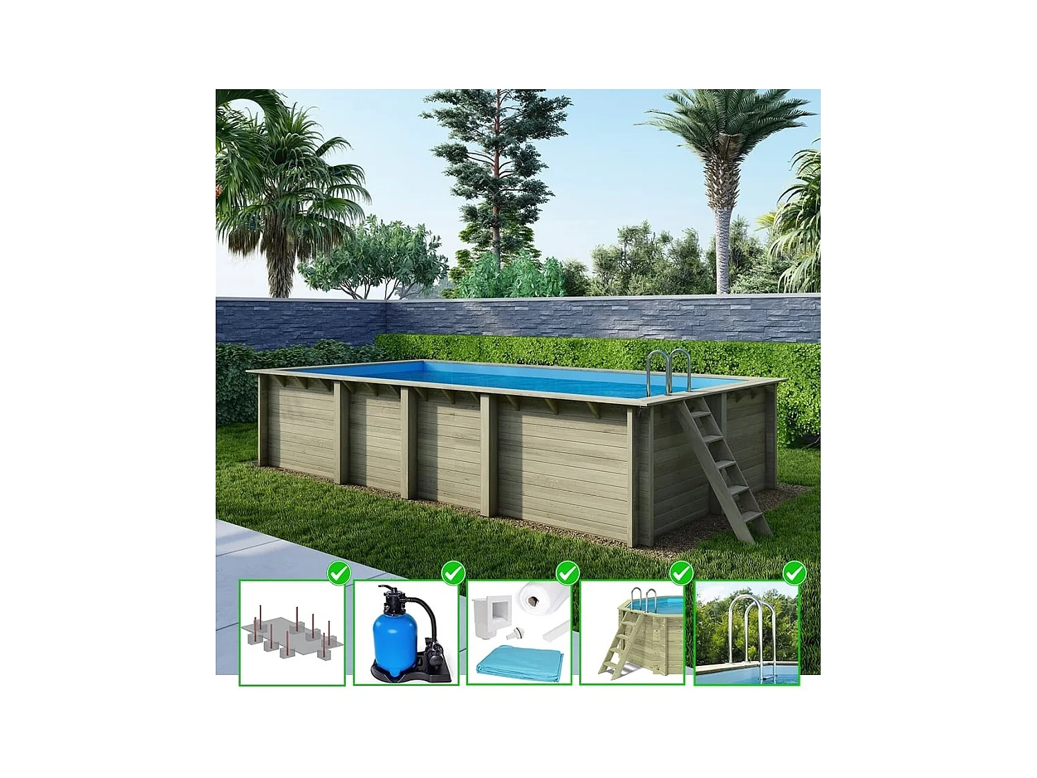 Piscine en bois Aqua 7x3.75 - H.1.45 m fixations à sceller - BAS7308OSPI - ALTANKA