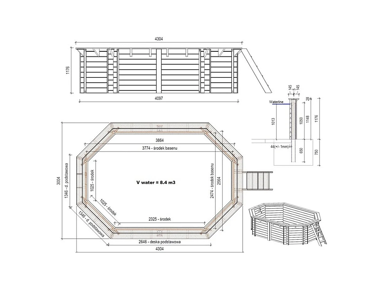 Piscine en bois Nemo 4.3x3 - H.1.18 m fixations à sceller - BAS7302OSPI - ALTANKA