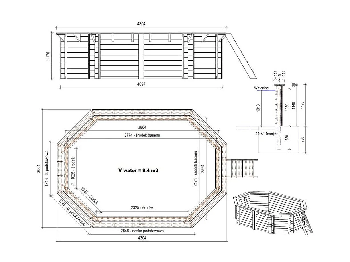 Piscine en bois Nemo 4.3x3 - H.1.18 m fixations à sceller - BAS7302OSPI - ALTANKA