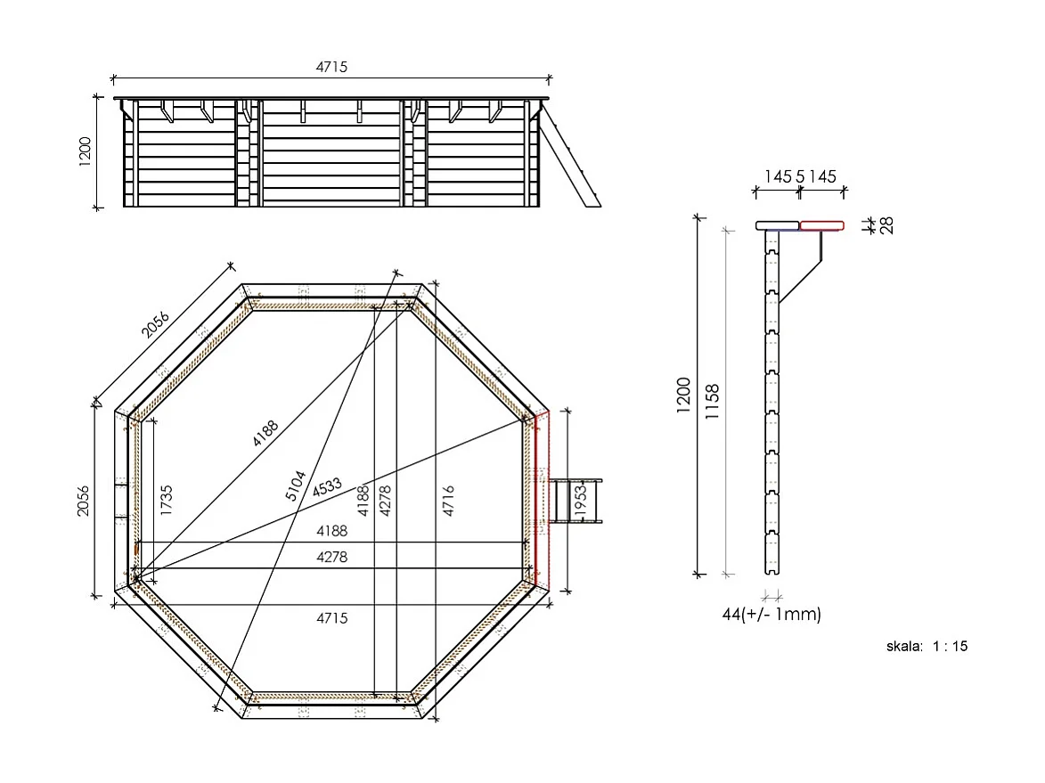 Piscine de jardin en bois - 4,71x4,72  x H.1,20m