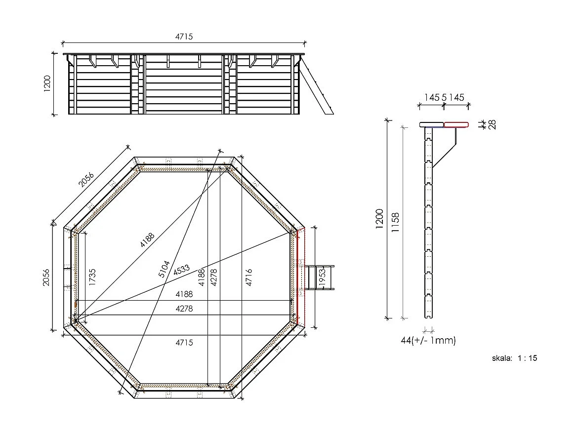 Piscine de jardin en bois - 4,71x4,72  x H.1,20m