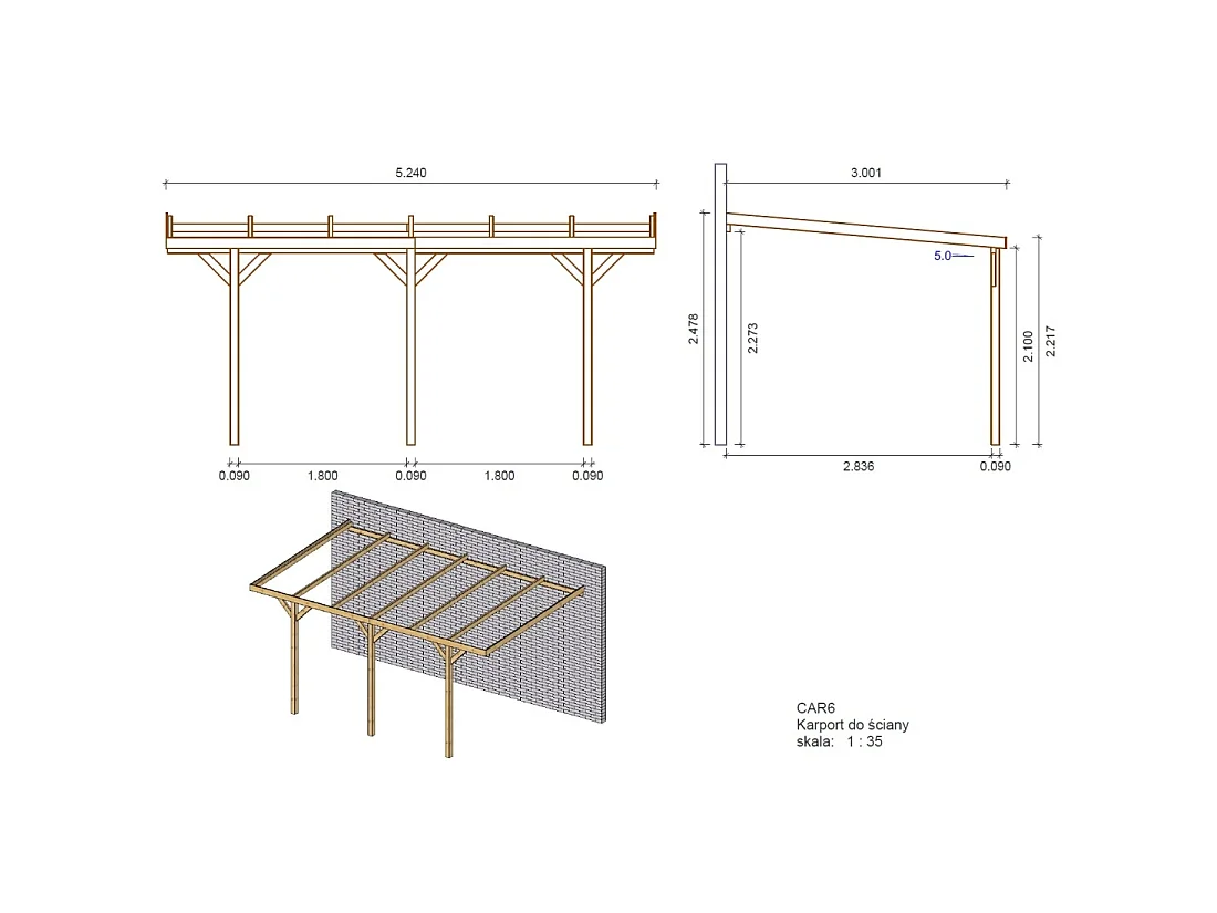 Tettoia posto auto coperto in legno 3x5.24 m - 15 m2 - addossato  - CAR6 - ALTANKA