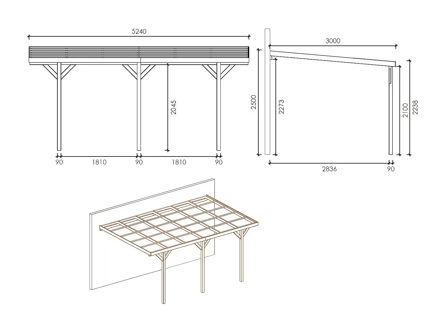 Carport, abri de voiture  3x5.24 m - 15 m2 - adossé  - CAR7-2 - ALTANKA