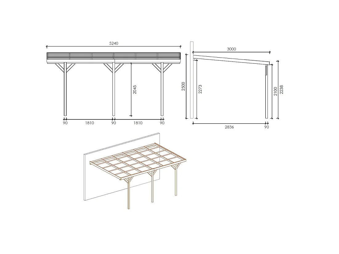 Carport, abri de voiture  3x5.24 m - 15 m2 - adossé  - CAR7-2 - ALTANKA