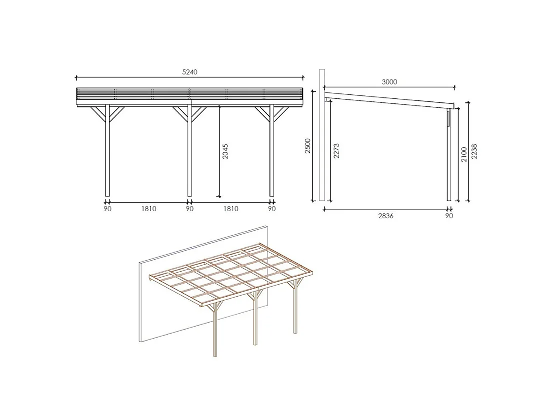 Tettoia posto auto coperto in legno 3x5.24 m - 15 m2 - addossato  - CAR7-2 - ALTANKA