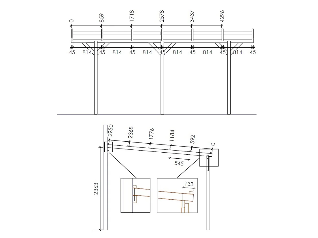Tettoia posto auto coperto in legno 3x5.24 m - 15 m2 - addossato  - CAR7-2 - ALTANKA