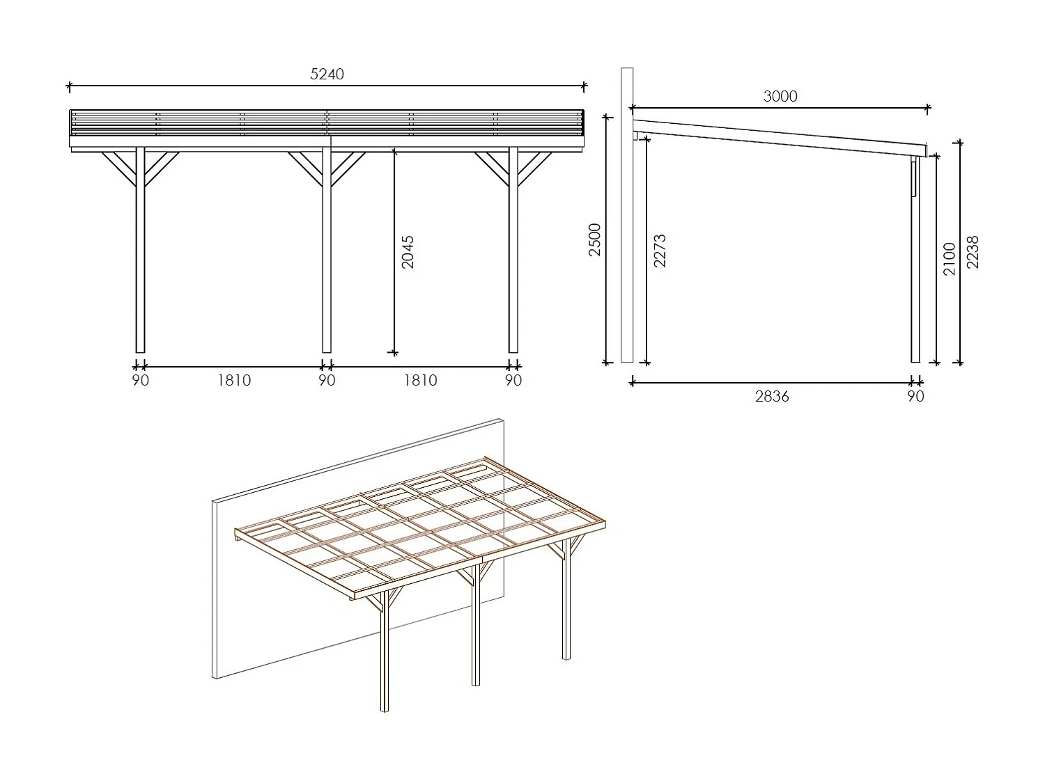Tettoia posto auto coperto in legno 3x5.24 m - 15 m2 - copertura PVC   - CAR7-2PVCTR - ALTANKA