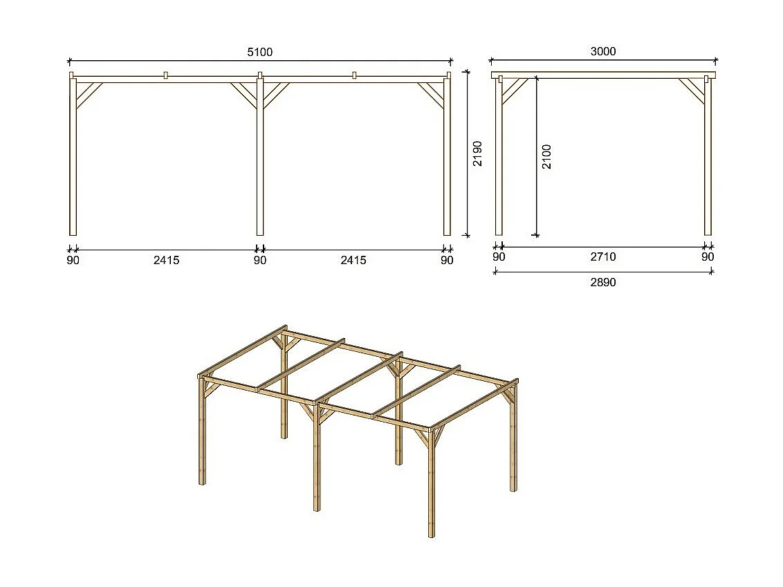 Carport, abri de voiture  3x5.1 m - 15.3 m2 - CAR1 - ALTANKA