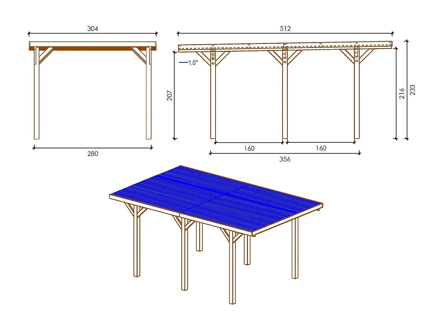 Carport, abri de voiture  3.04x5.12 m - 15.56 m2 - couverture PVC  - CAR10PVCTR - ALTANKA