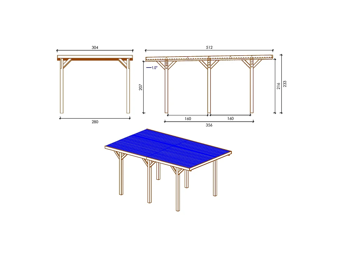 Carport, abri de voiture  3.04x5.12 m - 15.56 m2 - couverture PVC  - CAR10PVCTR - ALTANKA