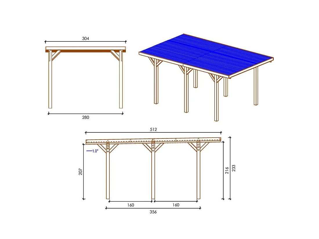 Tettoia posto auto coperto in legno 3.04x5.12 m - 15.56 m2 - copertura PVC   - CAR10PVCTR - ALTANKA
