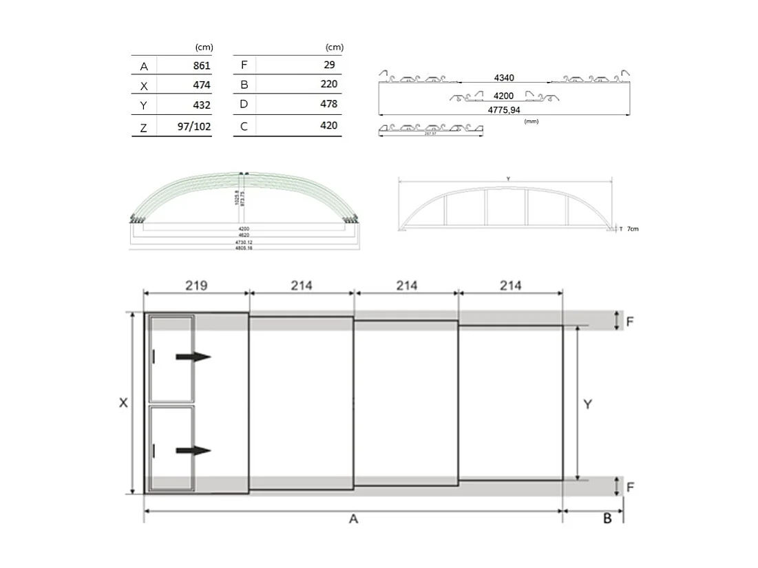 Copertura per la piscina Horizon - 8,61x4,20 m - Policarbonato alveolare da 8 mm - Colore Antracite RAL7016 - ECO203 - ALTANKA