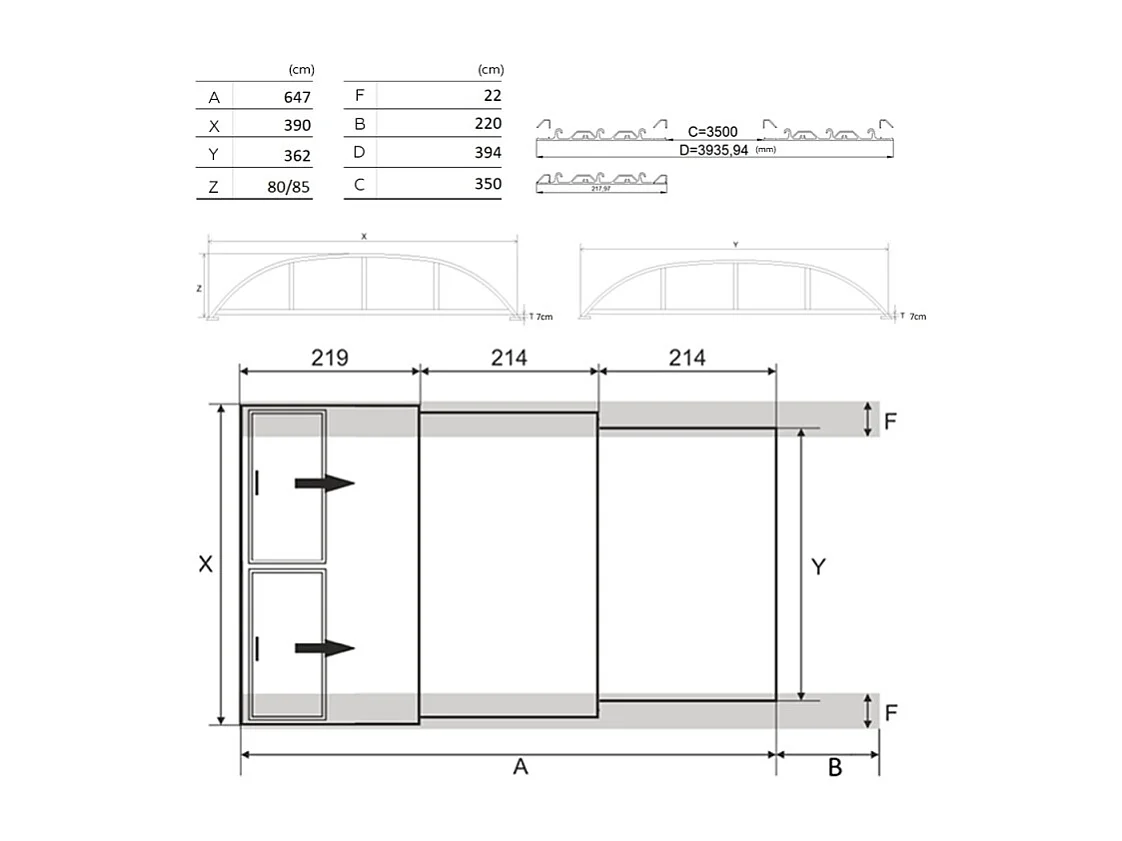 Copertura per la piscina Horizon - 6,47x3,50 m - Policarbonato alveolare da 8 mm - Colore Grigio RAL7037 - ECO207 - ALTANKA