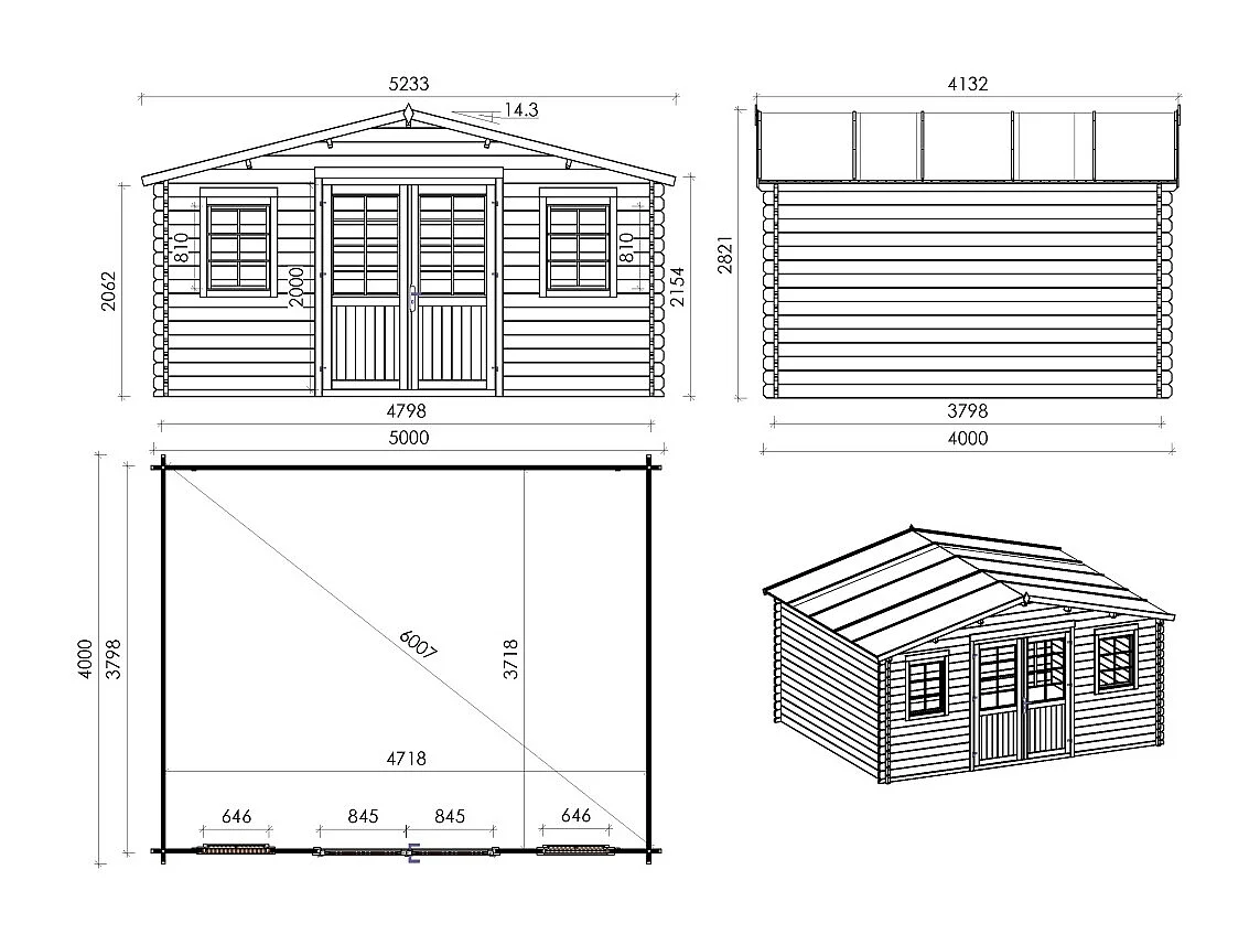 Abri de jardin en bois - 20m2 - 5x4m - Ep. 40mm - Couleur: naturel - DOM598 - ALTANKA