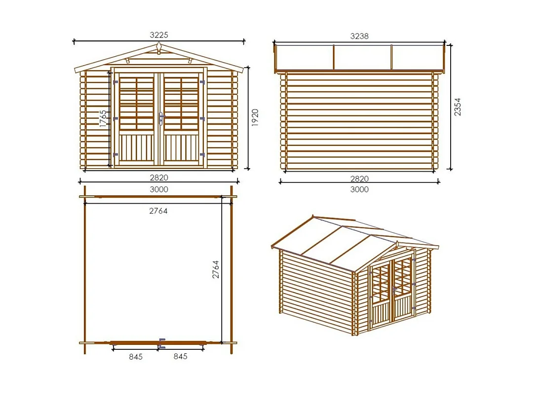 Casetta da giardino in legno - 9m2 - 3x3m - 28mm - colore: naturale - DOM530 - ALTANKA
