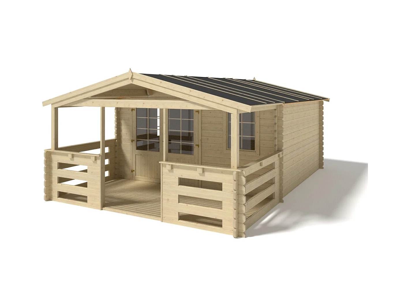 Abri de jardin en bois - 4x4 m + terrasse avec balustrade et avant-toit en bois - 24 m2 - DOM611+DOM617+DOM545+POD04 - ALTANKA