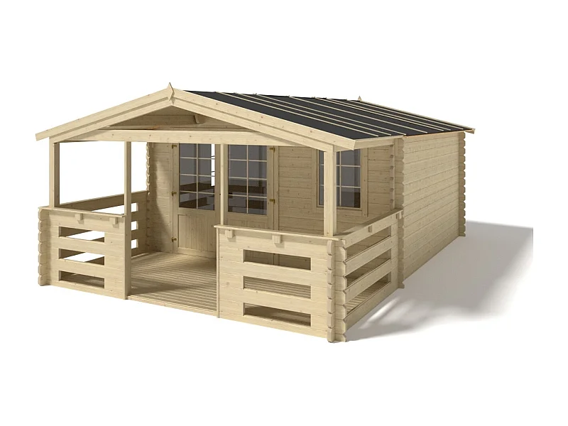 Abri de jardin en bois - 4x4 m + terrasse avec balustrade et avant-toit en bois - 24 m2 - DOM611+DOM617+DOM545+POD04 - ALTANKA