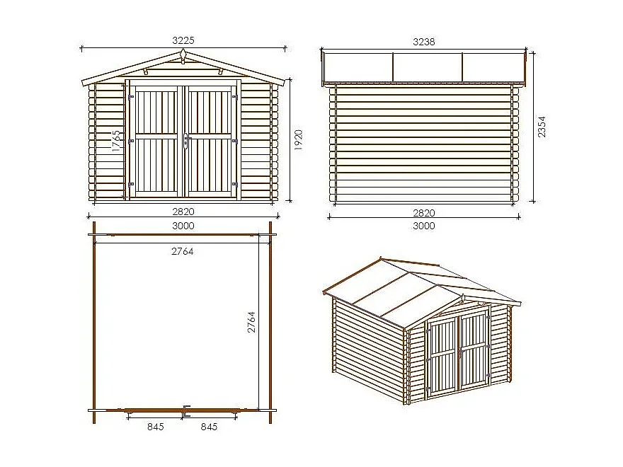 Abri de jardin en bois - 9m2 - 3x3m - Ep. 28mm - Couleur: naturel - DOM531 - ALTANKA