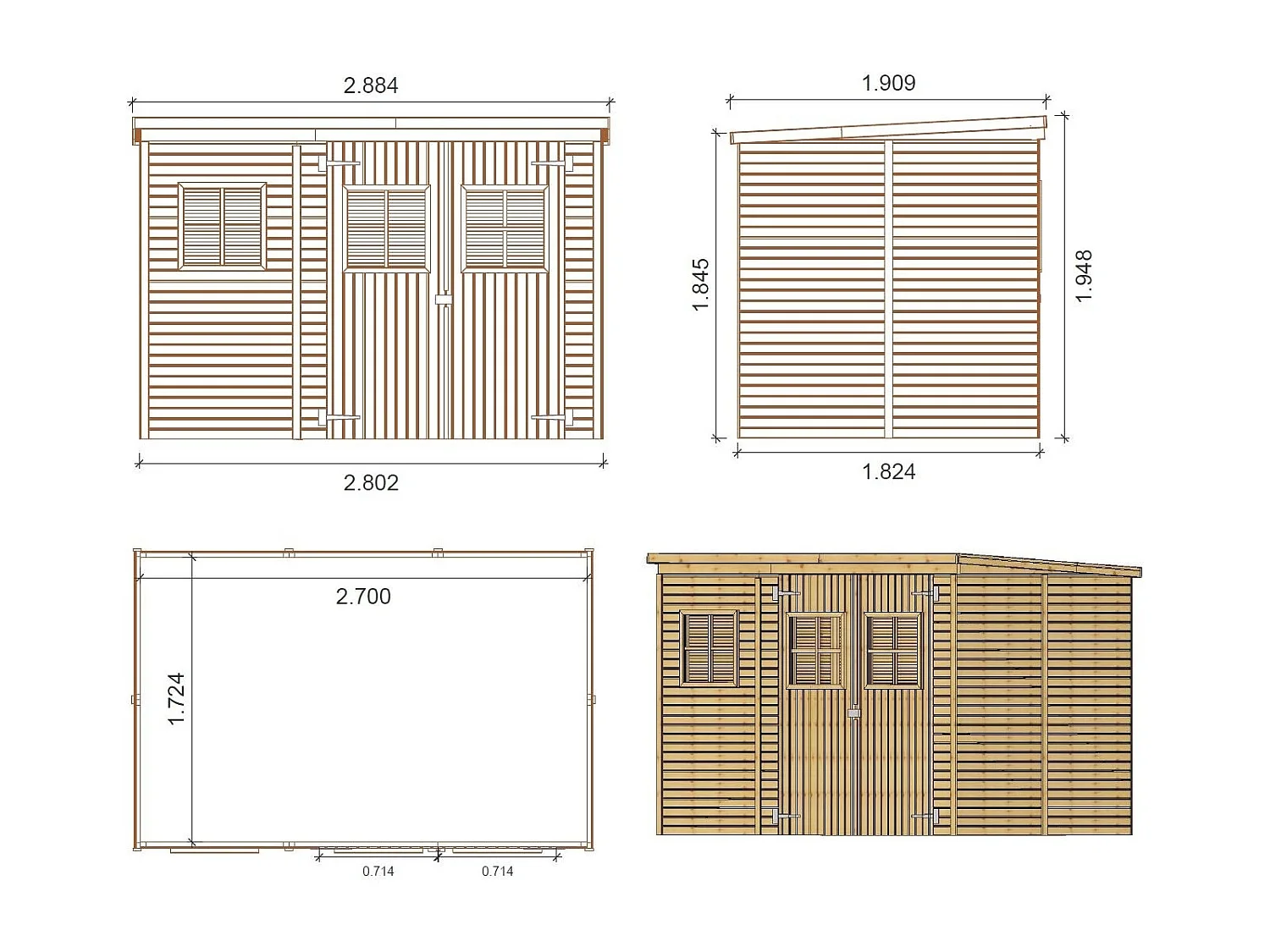 Abri de jardin en bois 4.86 m2 - 2.7x1.8 m - Couleur: naturel - DOM421 - ALTANKA