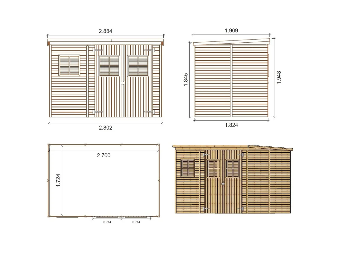 Abri de jardin en bois 4.86 m2 - 2.7x1.8 m - Couleur: naturel - DOM421 - ALTANKA