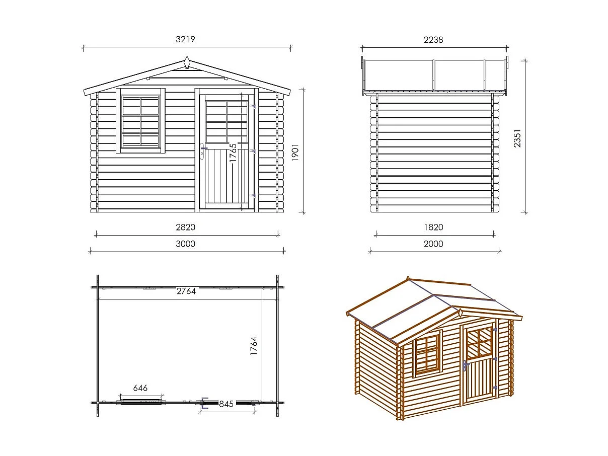 Abri de jardin en bois - 6m2 - 3x2m - Ep. 28mm - Couleur: naturel - DOM472 - ALTANKA