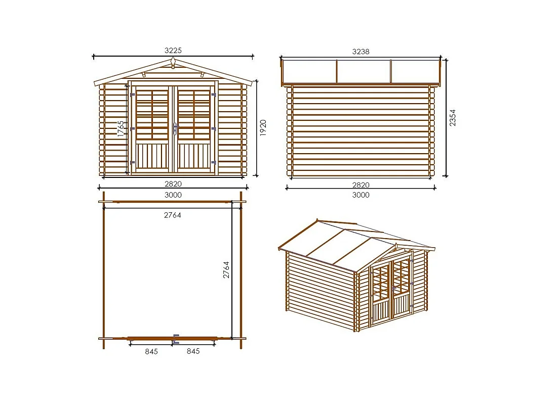 Abri de jardin en bois - 9m2 - 3x3m - Traité - Ep. 28mm - Couleur: marron - DOM427 - ALTANKA