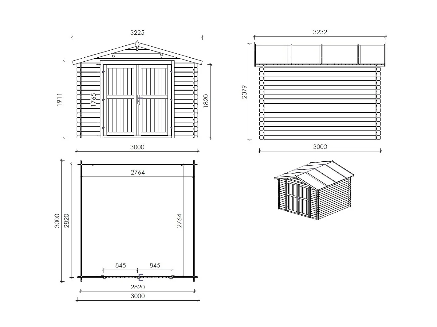 Abri de jardin en bois - 9m2 - 3x3m - Traité - Ep. 28mm - Couleur: vert - DOM458 - ALTANKA