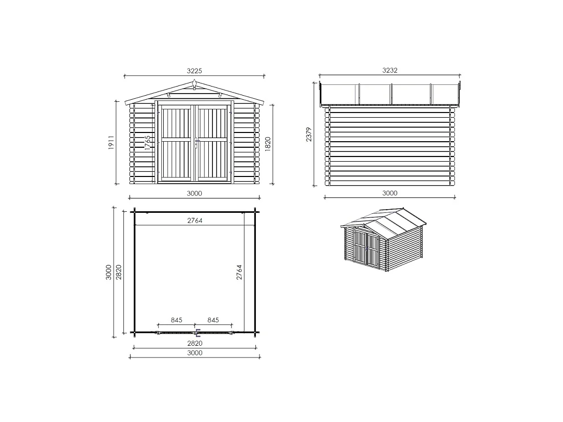 Abri de jardin en bois - 9m2 - 3x3m - Traité - Ep. 28mm - Couleur: vert - DOM458 - ALTANKA