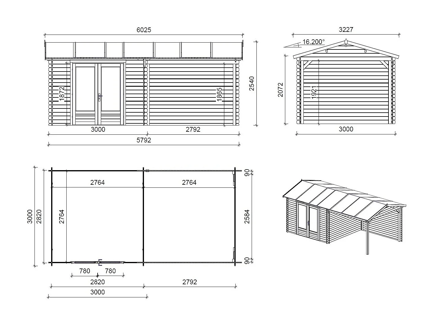 Abri de jardin en bois - 17.4m2 - 5.79x3m - Ep. 28mm - Couleur: naturel - DOM640 - ALTANKA