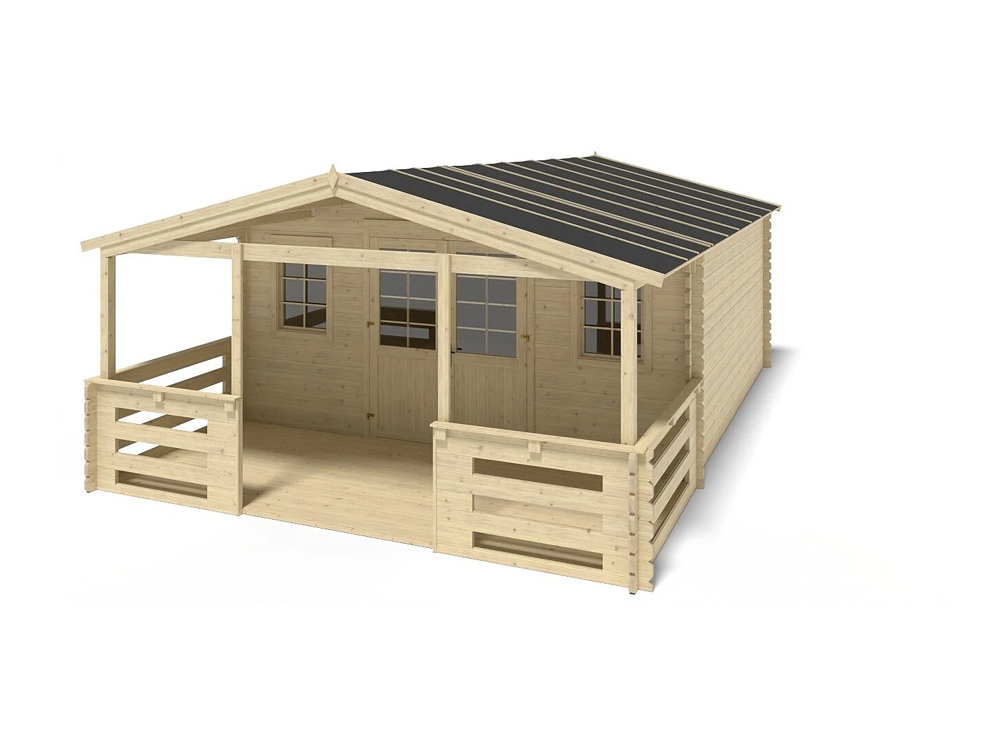 Abri de jardin en bois - 5x5 m + terrasse avec balustrade et avant-toit en bois - 35 m2 - DOM612+DOM613+DOM615+POD04 - ALTANKA