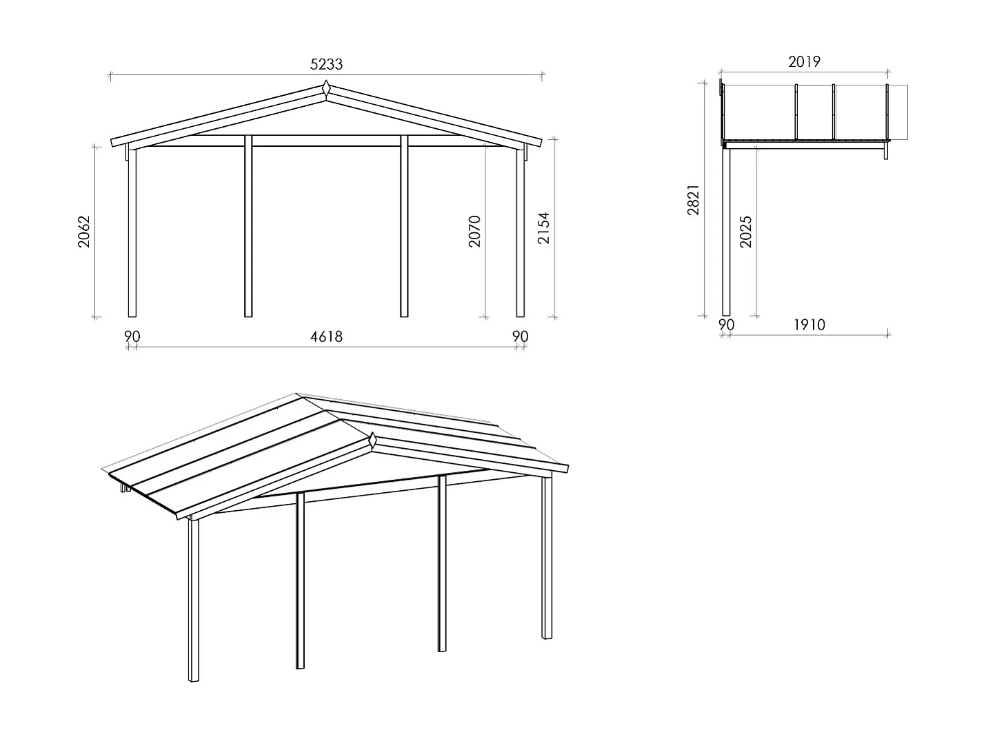 Abri de jardin en bois - 5x5 m + terrasse avec balustrade et avant-toit en bois - 35 m2 - DOM612+DOM613+DOM615+POD04 - ALTANKA