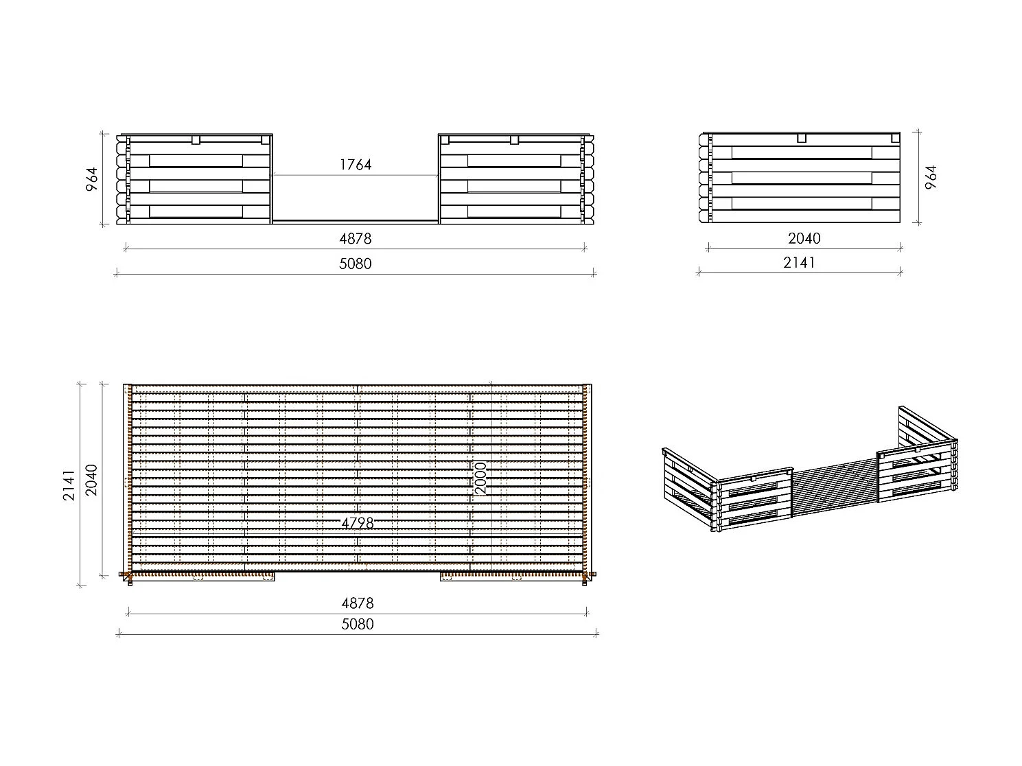 Abri de jardin en bois - 5x5 m + terrasse avec balustrade et avant-toit en bois - 35 m2 - DOM612+DOM613+DOM615+POD04 - ALTANKA