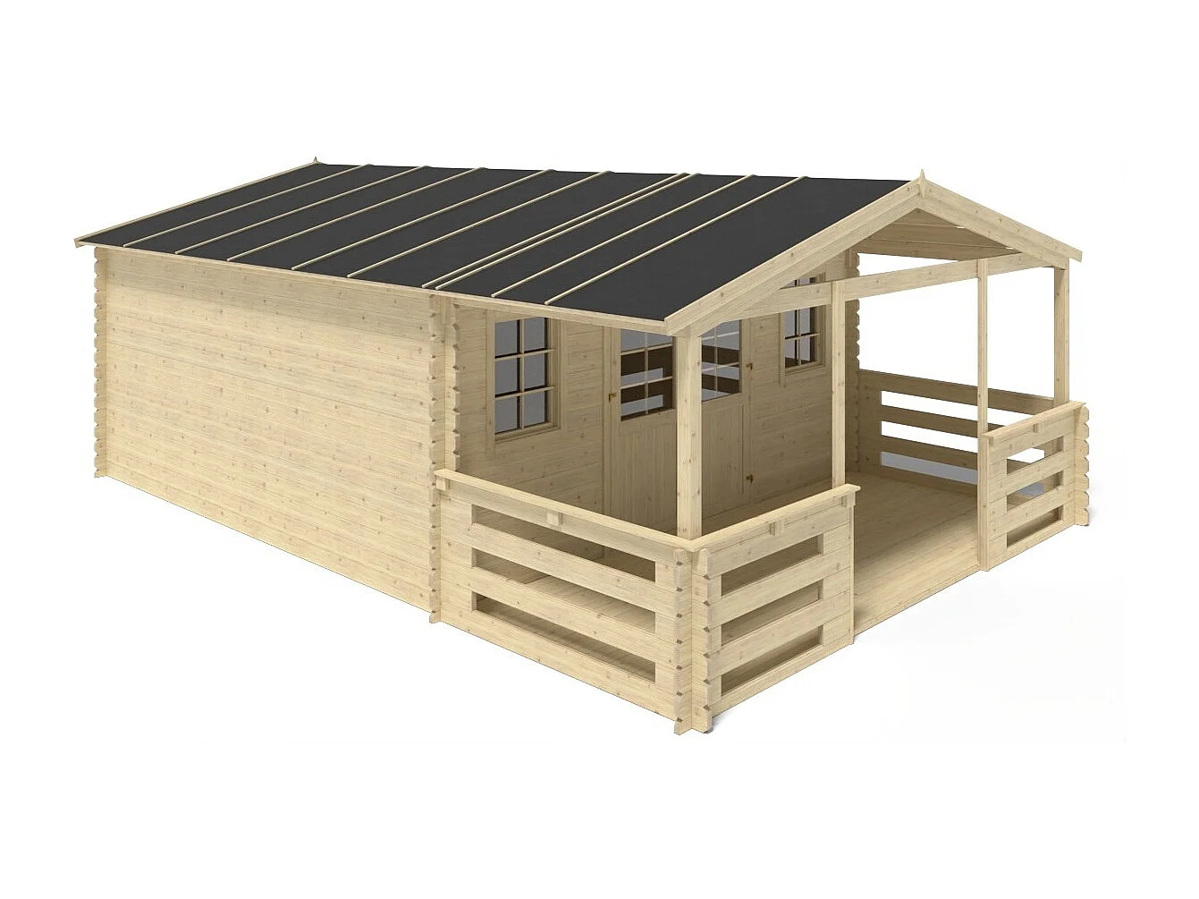 Abri de jardin en bois - 5x5 m + terrasse avec balustrade et avant-toit en bois - 35 m2 - DOM612+DOM613+DOM615+POD04 - ALTANKA
