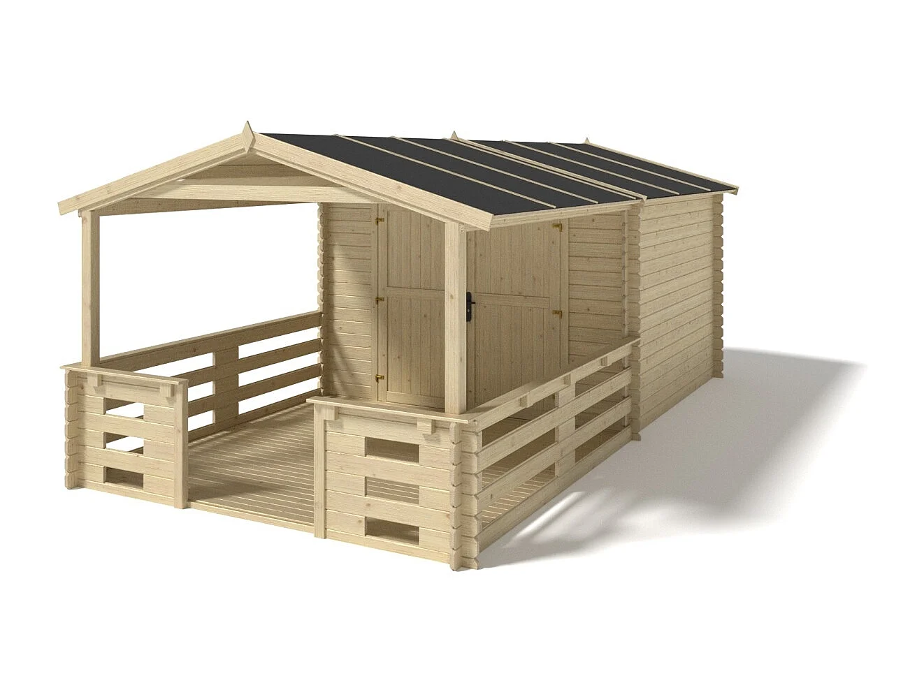 Casetta da giardino in legno con veranda e tettoia - 18.00m2 - 3.00x3.00m - 28mm - colore: naturale - DOM531+DOM394+DOM395+POD04 - ALTANKA