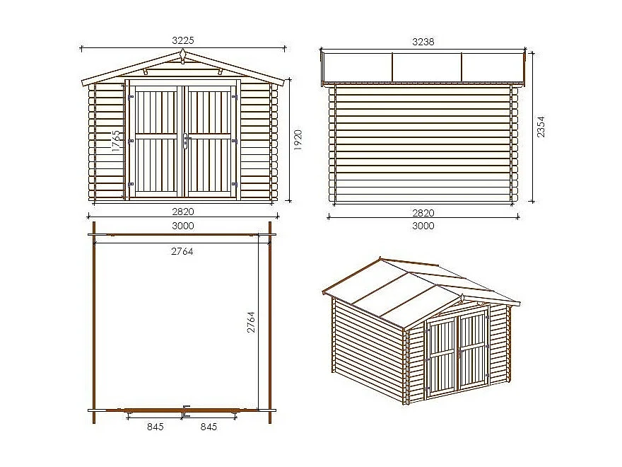 Abri de jardin en bois - 3x3 m + terrasse avec balustrade et avant-toit en bois - 18 m2 - DOM531+DOM394+DOM395+POD04 - ALTANKA