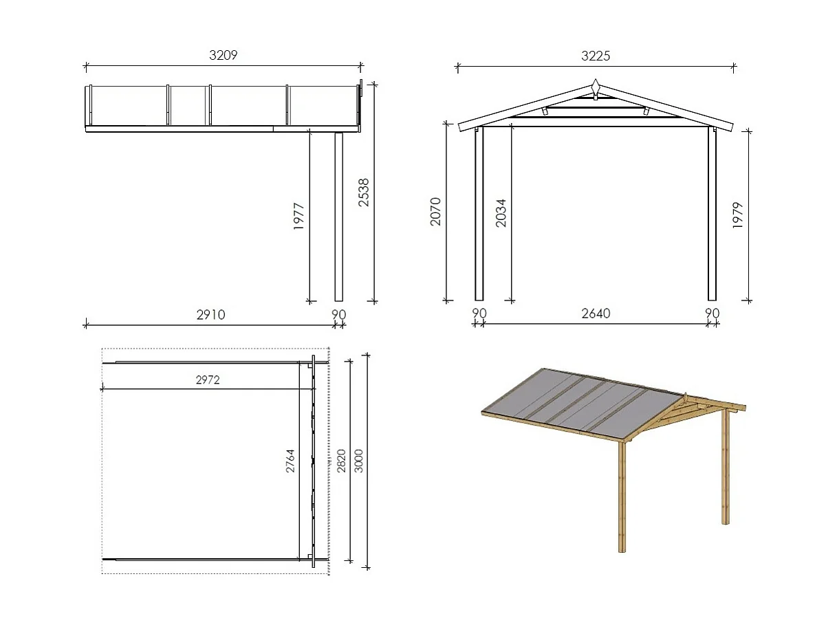Abri de jardin en bois - 3x3 m + terrasse avec balustrade et avant-toit en bois - 18 m2 - DOM531+DOM394+DOM395+POD04 - ALTANKA